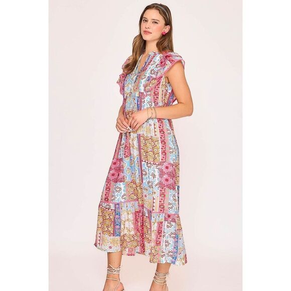 Umgee Patchwork Print Layered Ruffle Sleeve Boho Dress Sz Large - Picture 5 of 5